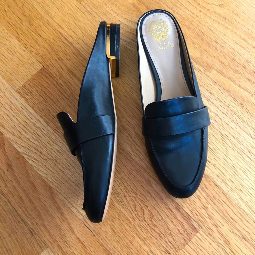 Black Vince Camuto Mules with Gold Accents
